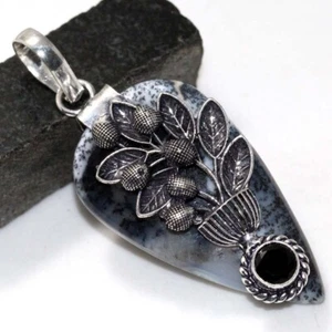 925 Silver Plated Dendritic Opal Black Onyx Cap Statement Pendant 2.2" JW - Picture 1 of 3