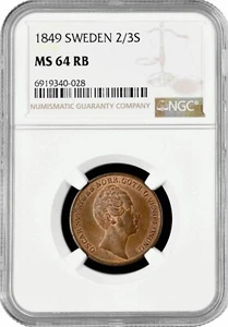 Sweden 2/3 skilling 1849, NGC MS64 RB, "King Oscar I (1844 - 1859)" Top Pop 2/0 - Picture 1 of 2