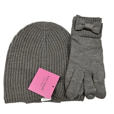 Kate Spade Bow Beanie and Glove Set Heather Gray New - Image 1 of 4