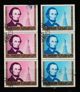 Sharjah Used Lincoln Strips of 3 - Picture 1 of 2