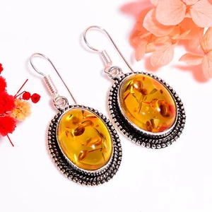 Baltic Amber Gemstone Vintage Handmade Jewelry.925 Silver Earrings 1.7" GSR-9760 - Picture 1 of 2
