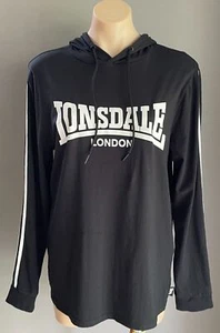 London LONSDALE Hoodie Top Sweater Black Long Sleeve White Logo Size M 12 - Picture 1 of 7