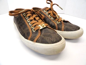 Michael Kors MK Monogram Casual Sneakers Brown Logo Lace Up Shoes Size 6.5M - Picture 1 of 8