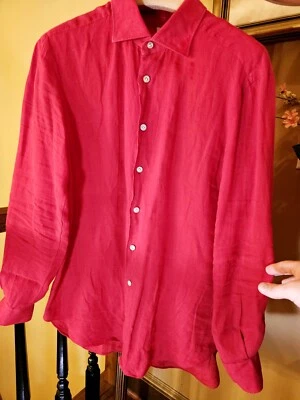 Camisa Kiton Napoli Lino Roja Manga Larga Abotonada Hecha a Mano en Italia $1,320 Foto 1 de 4
