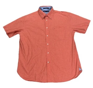 Tommy Hilfiger Mens Shirt Large Button Down Short Sleeved Checkered Orange Red - Picture 1 of 12