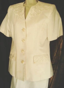 Kasper Petite 6P White Emb Fleur de Lis Linen Skirt Suit SS Jacket Fully Lined - Picture 1 of 4