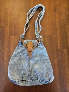 Acid Stonewashed Denim Purse Handbag with Faux Leather Trim 8.5"x13"x5" Boho - Picture 1 of 7