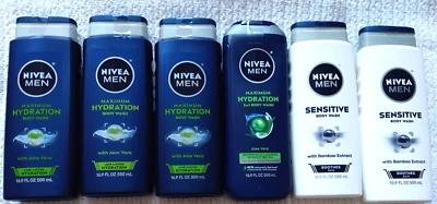 Nivea 男士沐浴露 6 件装敏感最大保湿 3 合 1 身体面部头发 16.9 盎司 — 第 1/4 张图片