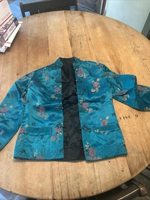 Vintage Chinese embroidered reversible satin silky jacket coat top green black — 第 1/4 张图片