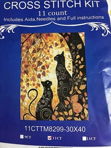 Two Black Cats Among Autumn Leaves Pre-Printed Aida Cross Stitch Kit - Picture 1 of 3