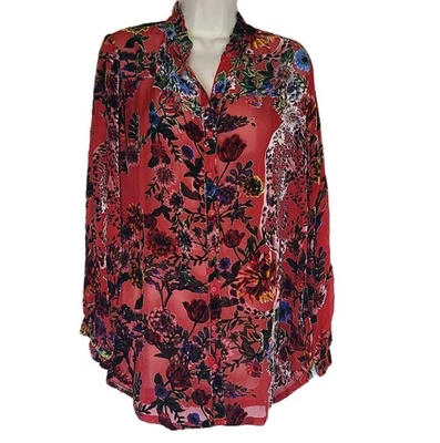 Blusa túnica Johnny Was Yoella roja negra floral terciopelo Burnout talla S NUEVA Foto 1 de 4