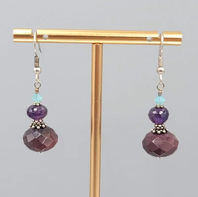 Crystal Amethyst Agate Bead Pierced Earrings Silver tone Dangle 1 in - Image 1 of 4