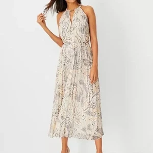 NEW Ann Taylor Shimmer Paisley Chain Pleated Halter Midi Dress Sz Medium - Picture 1 of 10