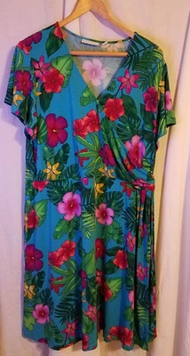 Susan Graver Petite 液体针织人造裹身连衣裙-蓝色-娇小 XL 花卉 — 第 1/4 张图片