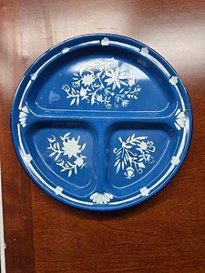 OneReplacement Vtg Enamelware Divided Plates Blue & White Flowers Camping Rustic - Picture 1 of 5