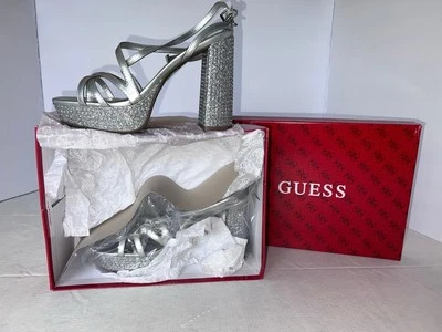 GUESS Size 8 - “Duriany” Chunky Silver Glitter Platform Heels - Image 1 of 4