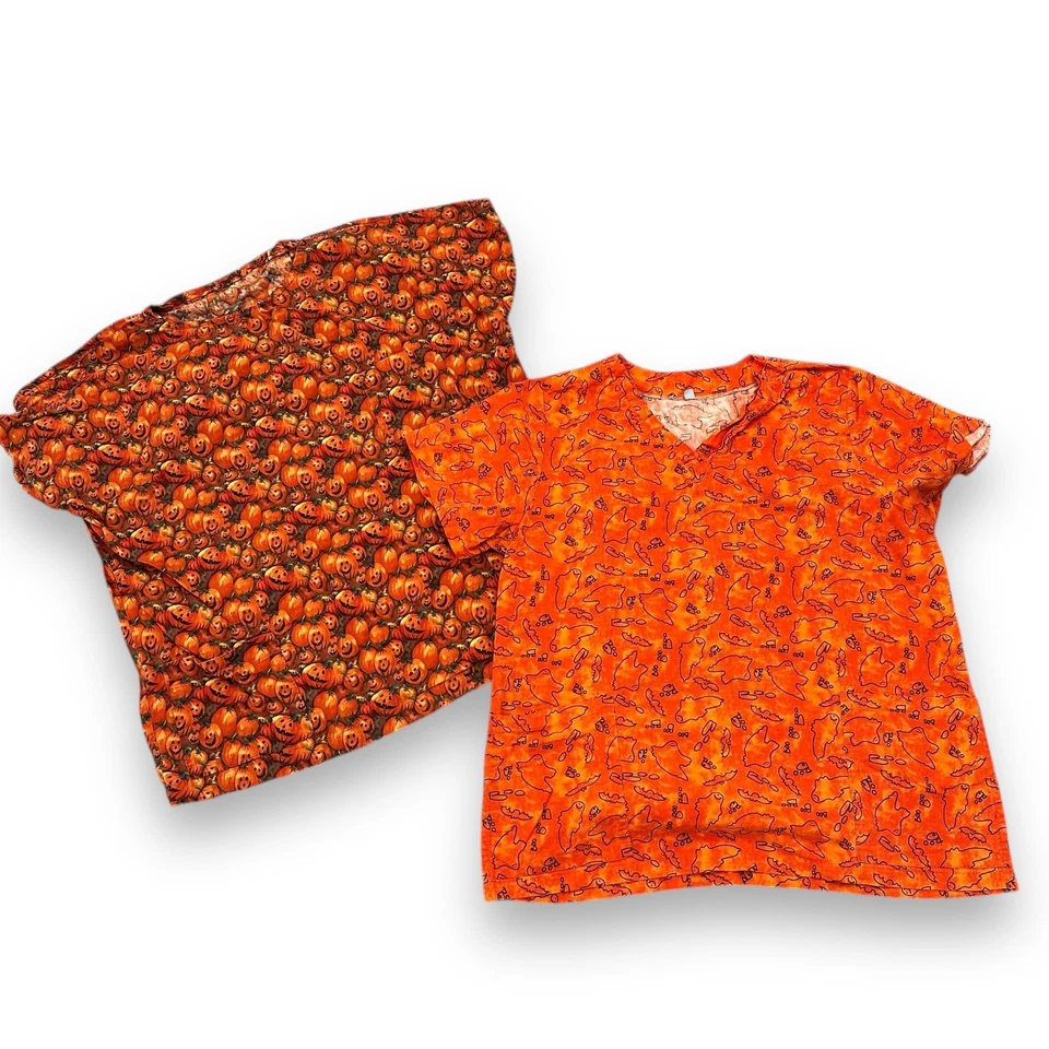 READ Halloween Pumpkin Ghost Bat Scrubs Lot of 2 Unisex Scrub Tops L/XL Orange - Image 1 of 4