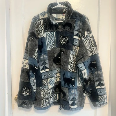Vintage CATS Art To Wear Made in USA Fleece Jacket Size L - Image 1 of 3