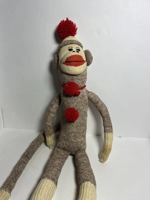 VINTAGE Hand-Made 24" Sock Monkey Wearing a Hat Embroidered Eyes and Mouth - Image 1 of 4