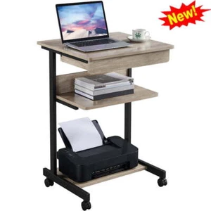 Durable Rolling Computer Desk W/ 2 Storage Shelves 1 Drawer Home Office Writing - Picture 1 of 9