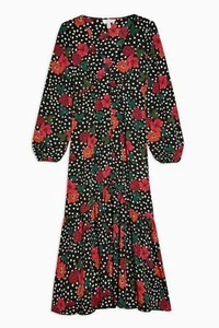 TOPSHOP Floral Print Balloon Sleeve Plunge V-Neck Button Front Tea Dress Size 12 - Picture 1 of 2