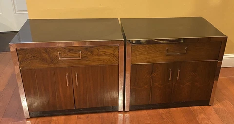 Rare John Stuart Mid Century Modern Night Stands  Rosewood Chrome Black Lacquer Cover