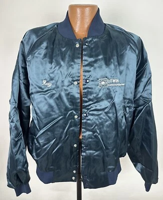 Vintage 80s Satin Jacket XL Navy Blue Coach’s Windbreaker Dad Auburn Sportswear - Image 1 of 4