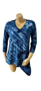 One World Tie Dye Asymmetrical 3/4 Sleeve Stretch Blouse Top Blue Womens S - Picture 1 of 7