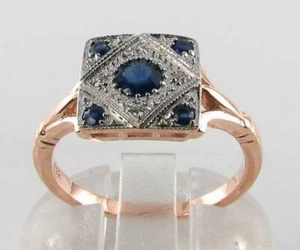 DIVINE 9CT 9K ROSE GOLD BLUE SAPPHIRE & DIAMOND ART DECO INS RING FREE RESIZE - Picture 1 of 5