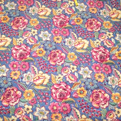 Vintage blue pink floral cotton fabric Big flowers Sewing quilting and craft - Image 1 of 4