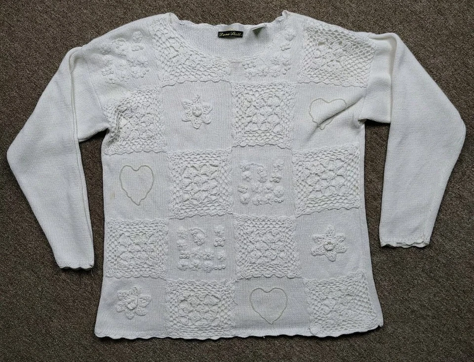 Suéter DE COLECCIÓN DANA SCOTT Mujer L Blanco Crochet Tejido Cuentas Pullover Boho Retro Foto 1 de 4