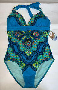 PRANA Women's Small Blue Jasmine ONE Piece Swimsuit Halter Surf Retro LAHARI New