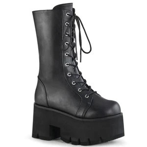 DEMONIA ASHES-105 Women's Chunky Heel Platform Black Lace-Up Mid Calf Boots - Picture 1 of 6