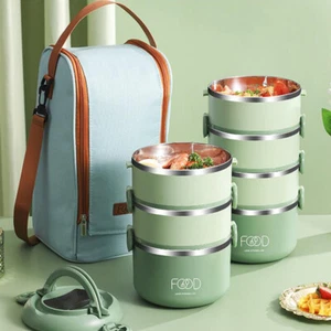 Stainless Steel Multilayer Hot Food Flask Lunch Box Vacuum Insulated W/Handle - Picture 1 of 40