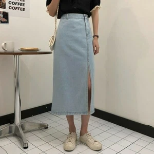 Womens Asymmetric Slim Denim Midi Skirt Dress High Waist Side Slit Casual - Picture 1 of 12
