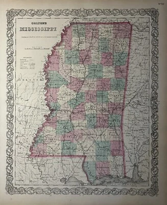 Mapa antiguo original coloreado a mano de Colton's Mississippi 1870 17" x 14" Foto 1 de 3