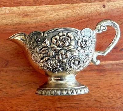 Vtg Himark Ornate Silver Plated Creamer Raised Rose Pattern White Enamel - Image 1 of 4
