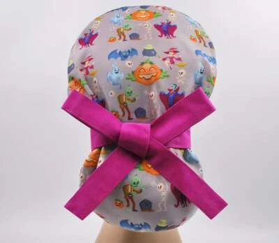 Ponytail Scrub caps, scrub hat, surgical scrub cap, halloween monsters nurse hat - Image 1 of 3