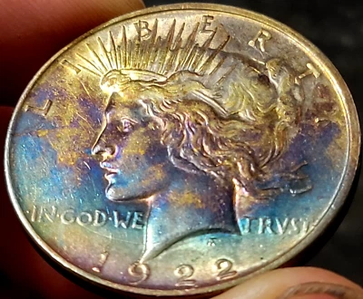 1922-D $ PEACE SILVER DOLLAR BETTER DATE RAINBOW BLUE GOLD TONING GEM BU RARE - Image 1 of 2