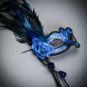 Venetian Side Black Feather Blue Rose Women Sexy Eye Mask Tassel HandHeld Stick - Picture 1 of 5