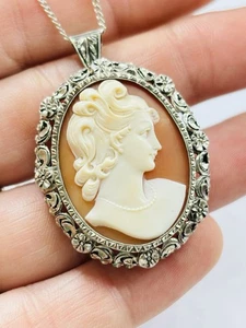 Antique shell cameo brooch/pendant with silver mount and chain - Picture 1 of 10
