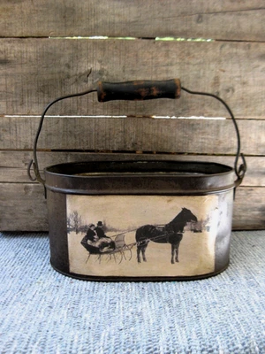 Early Antique Tin Oval Pail w Bail Handle Sleigh Ride Photo Print - Image 1 of 4