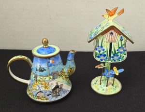 VTG KELVIN CHEN Birdhouse Stamp Dispenser Trinket Box & Claude Monet Teapot - Picture 1 of 15