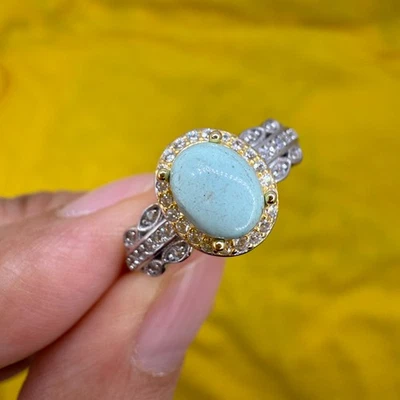 925 Sterling Silver Ring Turquoise 7x5mm Natural Gemstone Zircon Jewelry Gift - Image 1 of 4