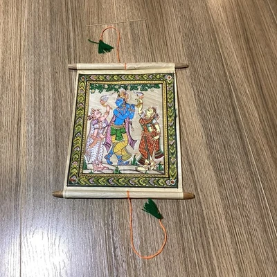 Vintage Indian Scroll Painting Krishna Radhika Radha Flute Art Wall Hanging - Image 1 of 4