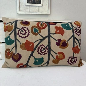 Crate & Barrel Sophie Crewel Pillow Bohemian Embroidered Lumbar Tan Tweed Floral - Picture 1 of 10