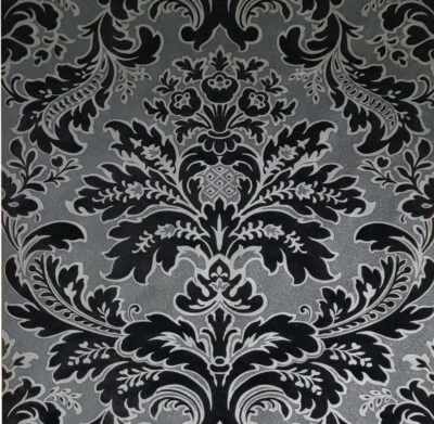 Papel de parede flocado preto prata cinza metálico flocado damasco veludo flocado 3D - Imagem 1 de 4