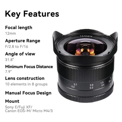 7Artisans 12mm F2.8 MF Fisheye Lens for Fuji X Sony E Canon EOS-M M4/3 M43 mount - Image 1 of 4