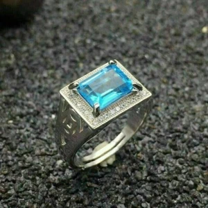 Men's 4 Ct Emerald Cut Simulated Topaz Engagement Ring In 14k White Gold Plated - Picture 1 of 5
