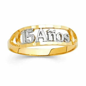 15 Años Quinceañera 14k Two Tone Yellow White Solid Gold Band Ring Oro Anillo - Picture 1 of 1